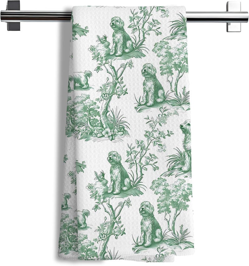 Nipil Chinoiserie Golden Doodle Kitchen Towels, Golden Doodle Gifts Hand Towels for Kitchen Bathroom Decor, Sage Green Botanical Grandmillennial Dog Decorative Dish Tea Towels, 16x24 Inch - Image 1